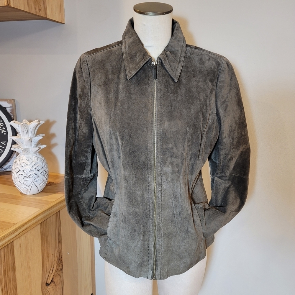 Liz Claiborne Suede Zip Up Jacket, Dark Olive, Size Large